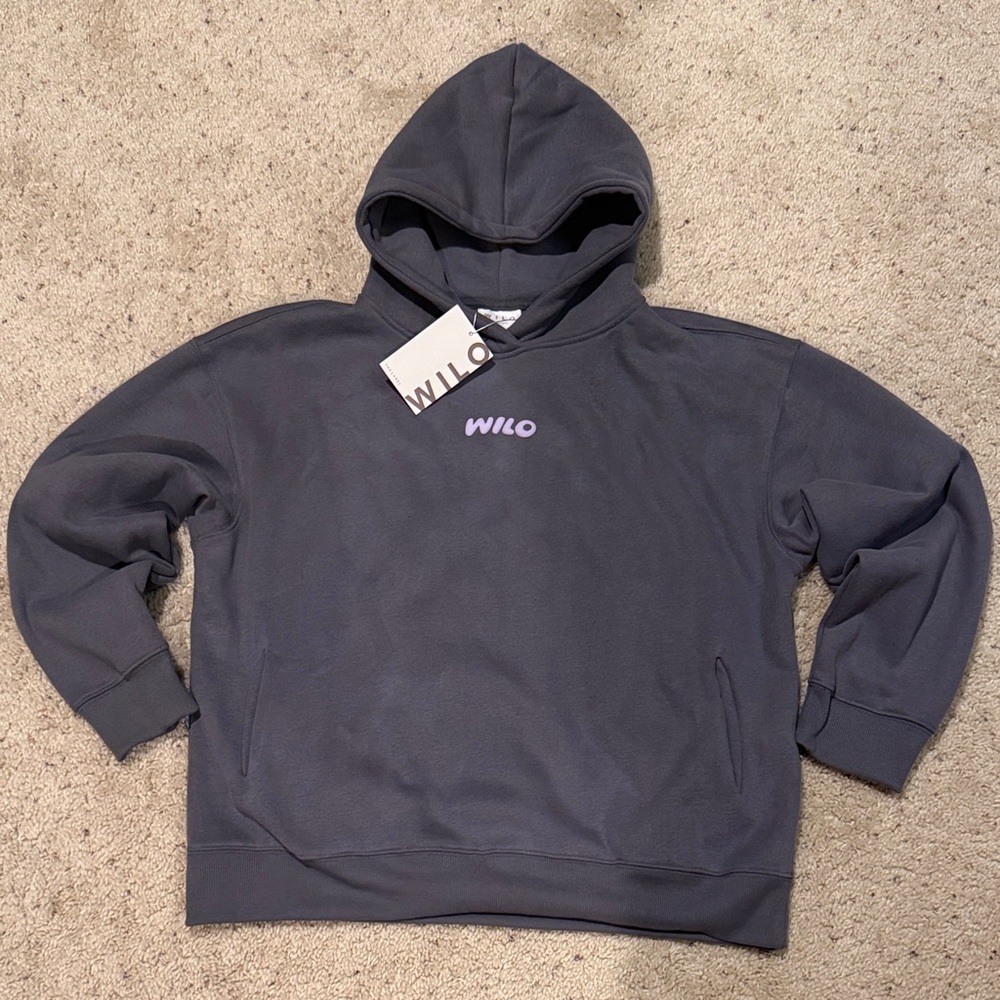 Wilo Hooded Sweatshirt in Charcoal with Lavender “WILO WELLNESS CLUB” activewear